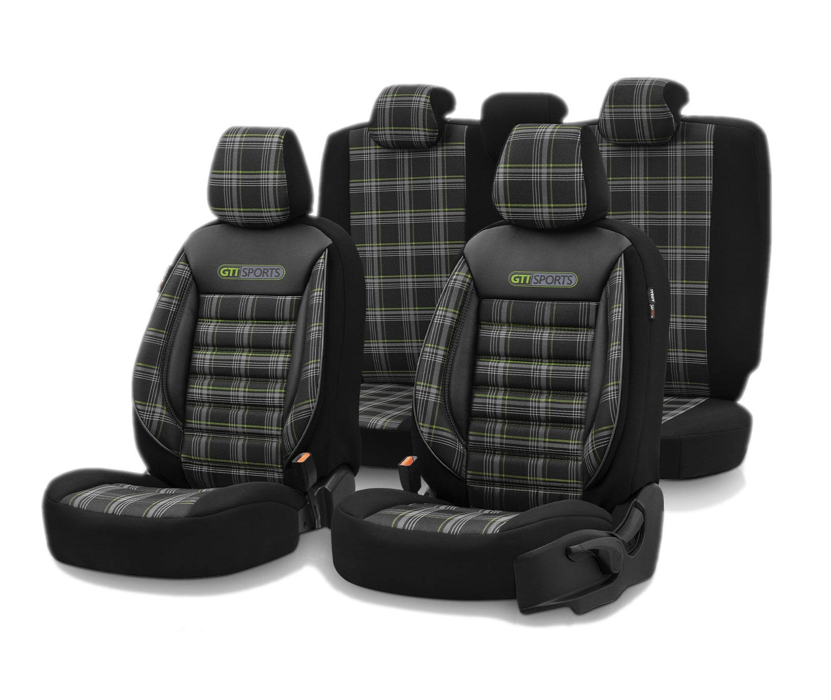 Комплект Луксозна Тапицерия OTOM текстил с еко кожа GTI SPORTS Design – Черна със зелен шев, за Предни и Задни Седалки