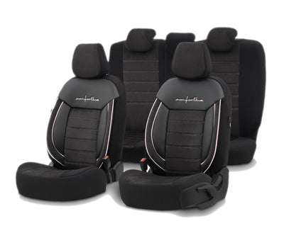 Комплект Луксозна Тапицерия OTOM текстил с еко кожа COMFORT LINE Design – Черна с бял шев, за Предни и Задни Седалки