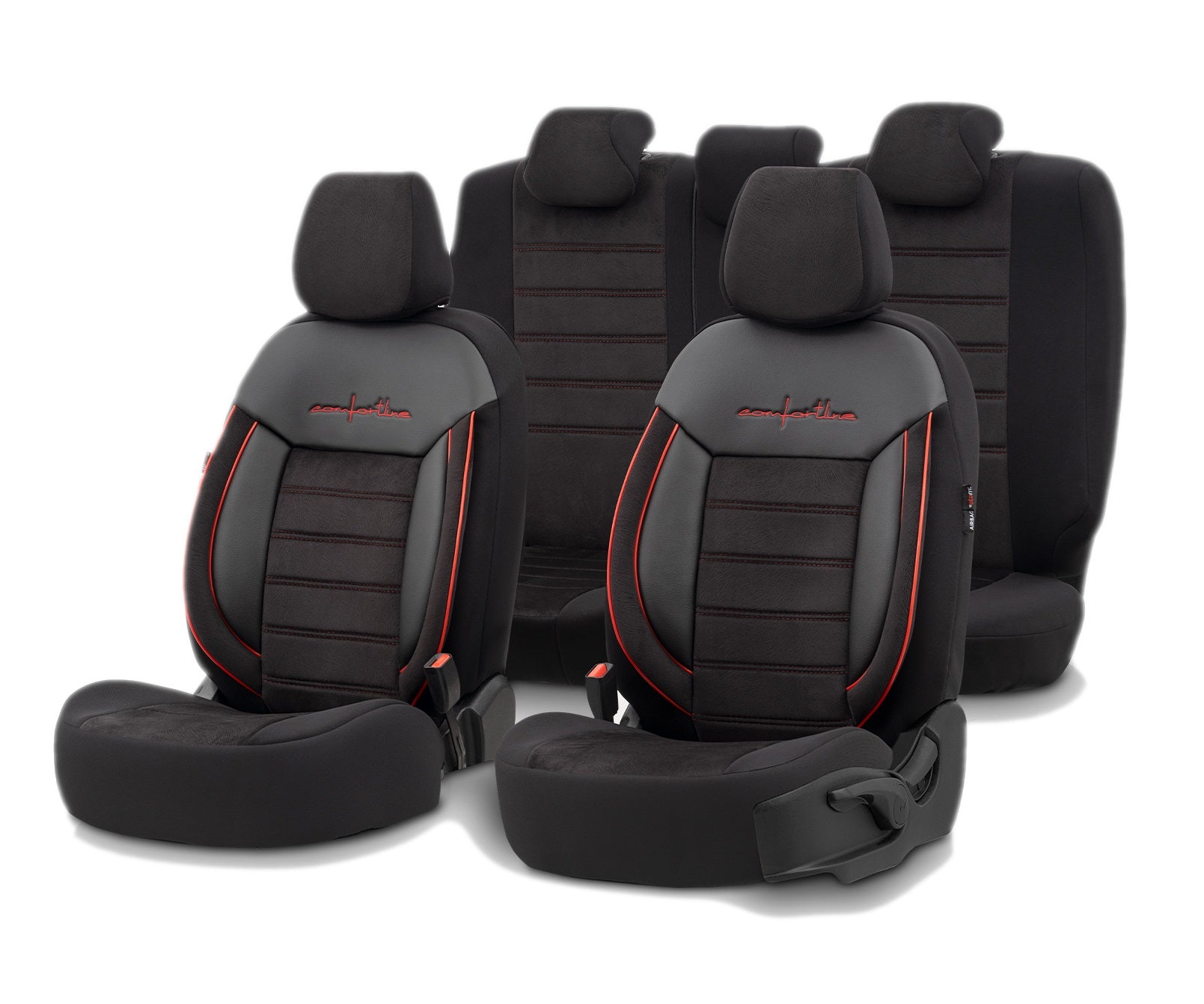 Комплект Луксозна Тапицерия OTOM текстил с еко кожа COMFORT LINE Design – Черна с червен шев, за Предни и Задни Седалки