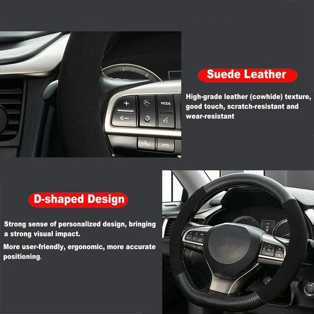 Калъф за волан скосен d-shape от еко кожа и набук универсален черен карбон за автомобил 37-38cm