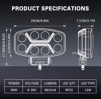 LED мощен диоден фар халоген лампа 12V-24V 90W бяло-жълто за АТВ джип камион трактор земеделски и селскостопански машини и др.