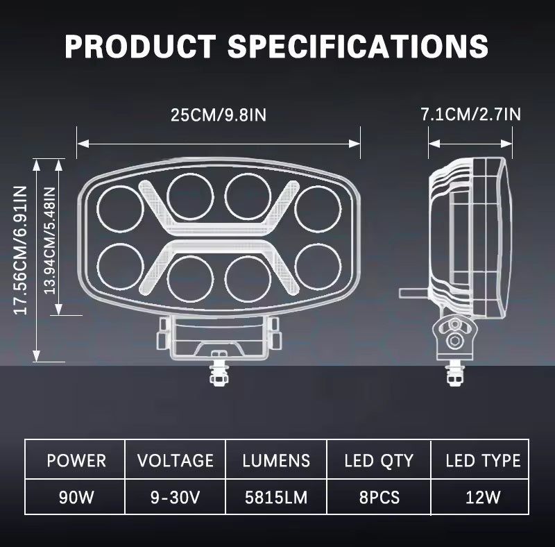 LED мощен диоден фар халоген лампа 12V-24V 90W бяло-жълто за АТВ джип камион трактор земеделски и селскостопански машини и др.