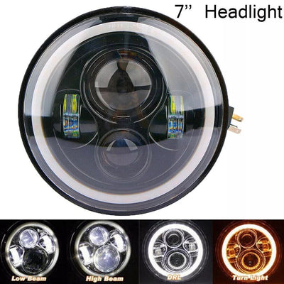 Универсален 7 инча 18см ЛЕД LED фар лампа халоген 12V-24V къси/дълги с DRL дневни светлини мигач бяло-жълто 6500lm за АТВ джип мотоциклет камион трактор и др.