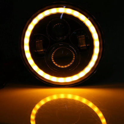 Универсален 7 инча 18см ЛЕД LED фар лампа халоген 12V-24V къси/дълги с DRL дневни светлини мигач бяло-жълто 6500lm за АТВ джип мотоциклет камион трактор и др.