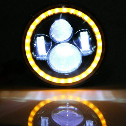 Универсален 7 инча 18см ЛЕД LED фар лампа халоген 12V-24V къси/дълги с DRL дневни светлини мигач бяло-жълто 6500lm за АТВ джип мотоциклет камион трактор и др.