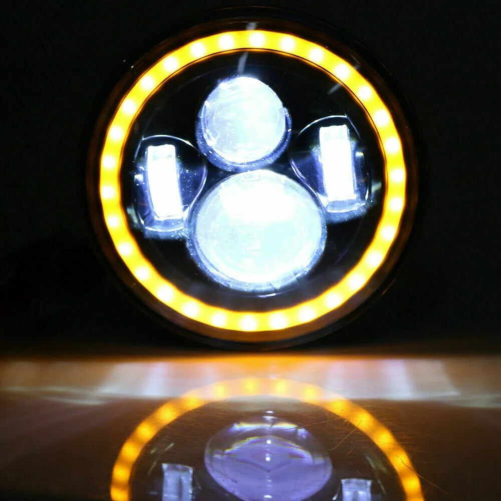 Комплект от 2бр. универсален 7 инча 18см ЛЕД LED фар лампа халоген 12V-24V къси/дълги с DRL дневни светлини мигач бяло-жълто 6500lm за АТВ джип мотоциклет камион трактор и др.