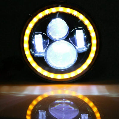 Комплект от 2бр. универсален 7 инча 18см ЛЕД LED фар лампа халоген 12V-24V къси/дълги с DRL дневни светлини мигач бяло-жълто 6500lm за АТВ джип мотоциклет камион трактор и др.