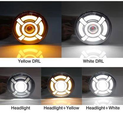 Универсален 7 инча 18см ЛЕД LED фар лампа халоген 12V-24V къси/дълги с DRL дневни светлини мигач бяло-жълто 4800lm за АТВ джип мотоциклет камион трактор и др.