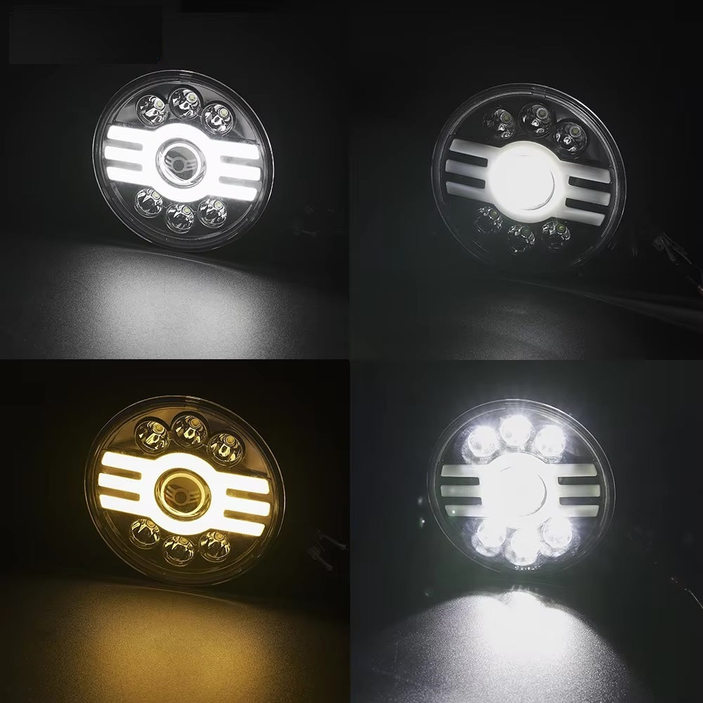 Универсален 7 инча 18см ЛЕД LED фар лампа халоген 12V-24V къси/дълги с DRL дневни светлини мигач бяло-жълто 5000lm за АТВ джип мотоциклет камион трактор и др.