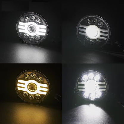Универсален 7 инча 18см ЛЕД LED фар лампа халоген 12V-24V къси/дълги с DRL дневни светлини мигач бяло-жълто 5000lm за АТВ джип мотоциклет камион трактор и др.