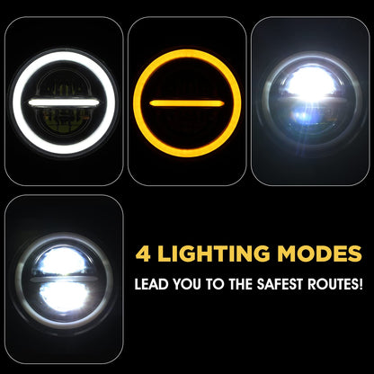 Универсален 7 инча 18см ЛЕД LED фар лампа халоген 12V-24V къси/дълги с DRL дневни светлини мигач бяло-жълто 7500lm за АТВ джип мотоциклет камион трактор и др.