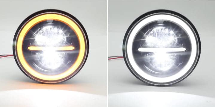 Универсален 7 инча 18см ЛЕД LED фар лампа халоген 12V-24V къси/дълги с DRL дневни светлини мигач бяло-жълто 7500lm за АТВ джип мотоциклет камион трактор и др.