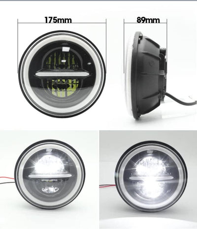 Комплект от 2бр. универсален 7 инча 18см ЛЕД LED фар лампа халоген 12V-24V къси/дълги с DRL дневни светлини мигач бяло-жълто 7500lm за АТВ джип мотоциклет камион трактор и др.