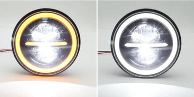 Комплект от 2бр. универсален 7 инча 18см ЛЕД LED фар лампа халоген 12V-24V къси/дълги с DRL дневни светлини мигач бяло-жълто 7500lm за АТВ джип мотоциклет камион трактор и др.