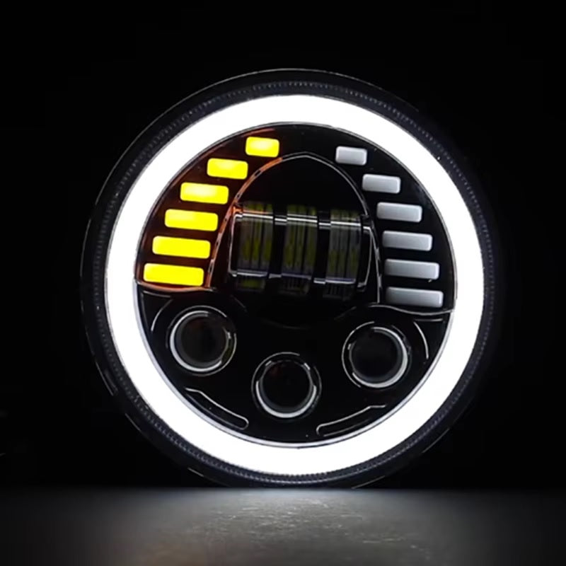 Универсален 7 инча 18см ЛЕД LED фар лампа халоген 12V-24V къси/дълги с DRL дневни светлини мигач бяло-жълто 7000lm за АТВ джип мотоциклет камион трактор и др.