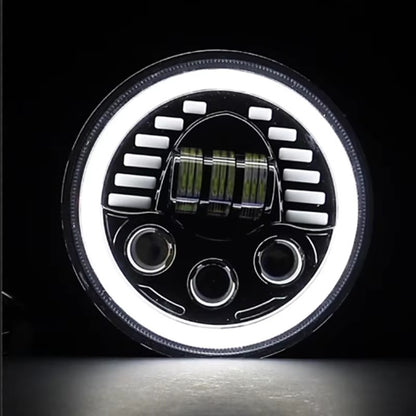 Универсален 7 инча 18см ЛЕД LED фар лампа халоген 12V-24V къси/дълги с DRL дневни светлини мигач бяло-жълто 7000lm за АТВ джип мотоциклет камион трактор и др.