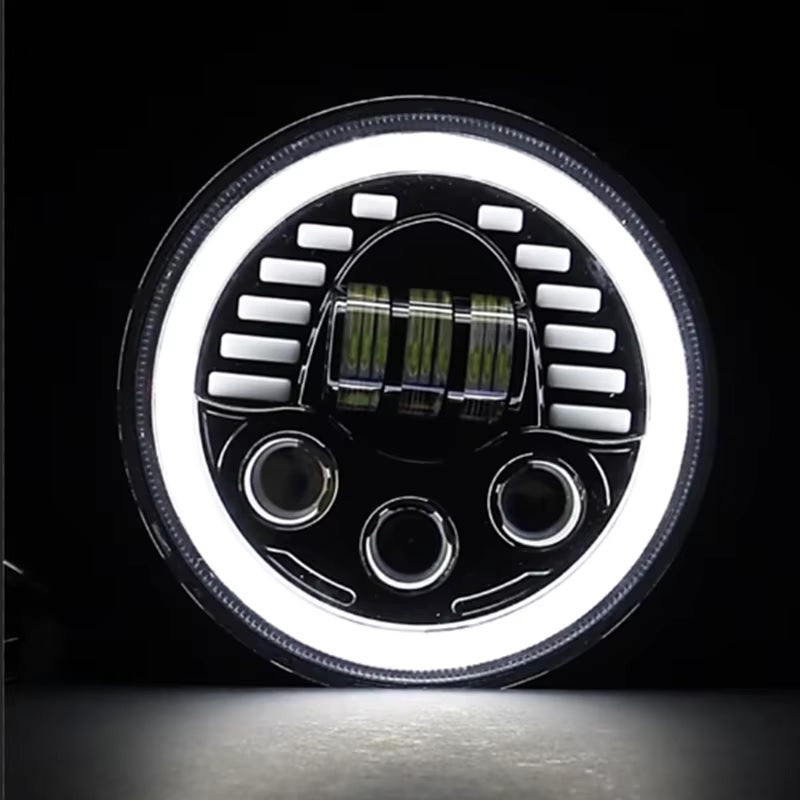 Универсален 7 инча 18см ЛЕД LED фар лампа халоген 12V-24V къси/дълги с DRL дневни светлини мигач бяло-жълто 7000lm за АТВ джип мотоциклет камион трактор и др.