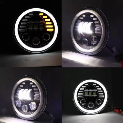 Универсален 7 инча 18см ЛЕД LED фар лампа халоген 12V-24V къси/дълги с DRL дневни светлини мигач бяло-жълто 7000lm за АТВ джип мотоциклет камион трактор и др.