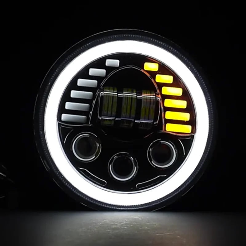 Универсален 7 инча 18см ЛЕД LED фар лампа халоген 12V-24V къси/дълги с DRL дневни светлини мигач бяло-жълто 7000lm за АТВ джип мотоциклет камион трактор и др.