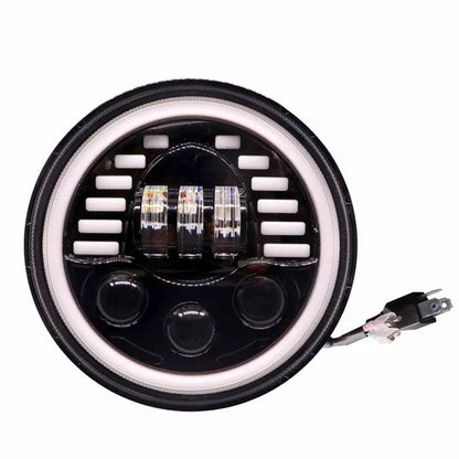 Универсален 7 инча 18см ЛЕД LED фар лампа халоген 12V-24V къси/дълги с DRL дневни светлини мигач бяло-жълто 7000lm за АТВ джип мотоциклет камион трактор и др.