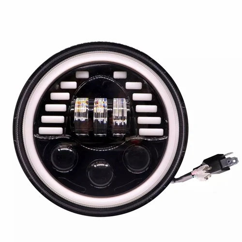 Универсален 7 инча 18см ЛЕД LED фар лампа халоген 12V-24V къси/дълги с DRL дневни светлини мигач бяло-жълто 7000lm за АТВ джип мотоциклет камион трактор и др.