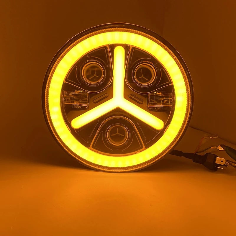 Универсален 7 инча 18см ЛЕД LED фар лампа халоген 12V-24V къси/дълги с DRL дневни светлини мигач бяло-жълто 7000lm за АТВ джип мотоциклет камион трактор и др.