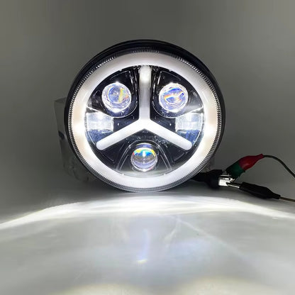 Универсален 7 инча 18см ЛЕД LED фар лампа халоген 12V-24V къси/дълги с DRL дневни светлини мигач бяло-жълто 7000lm за АТВ джип мотоциклет камион трактор и др.