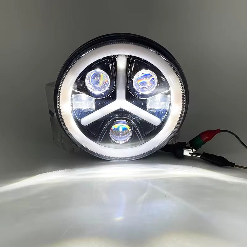 Универсален 7 инча 18см ЛЕД LED фар лампа халоген 12V-24V къси/дълги с DRL дневни светлини мигач бяло-жълто 7000lm за АТВ джип мотоциклет камион трактор и др.