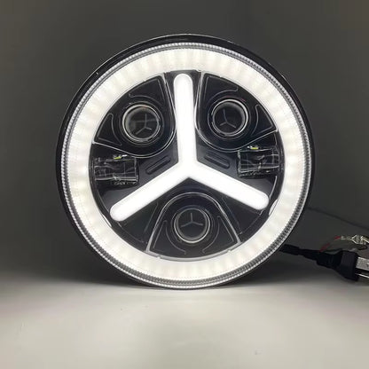 Универсален 7 инча 18см ЛЕД LED фар лампа халоген 12V-24V къси/дълги с DRL дневни светлини мигач бяло-жълто 7000lm за АТВ джип мотоциклет камион трактор и др.