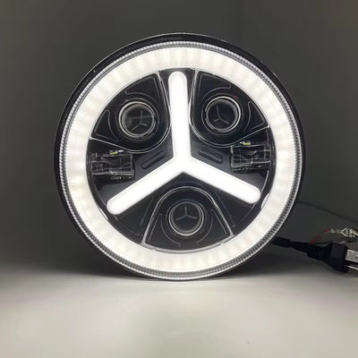 Комплект от 2бр. универсален 7 инча 18см ЛЕД LED фар лампа халоген 12V-24V къси/дълги с DRL дневни светлини мигач бяло-жълто 7000lm за АТВ джип мотоциклет камион трактор и др.