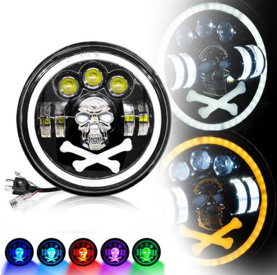 Универсален 7 инча 18см ЛЕД LED фар халоген 12V-24V къси/дълги с DRL дневни светлини мигач бяло-жълто и череп с RGB подсветка с 6 различни цвята за АТВ джип мотоциклет камион трактор и др.