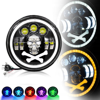 Универсален 7 инча 18см ЛЕД LED фар халоген 12V-24V къси/дълги с DRL дневни светлини мигач бяло-жълто и череп с RGB подсветка с 6 различни цвята за АТВ джип мотоциклет камион трактор и др.