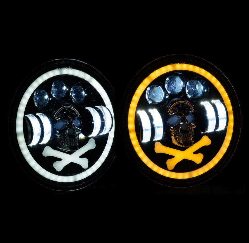 Универсален 7 инча 18см ЛЕД LED фар халоген 12V-24V къси/дълги с DRL дневни светлини мигач бяло-жълто и череп с RGB подсветка с 6 различни цвята за АТВ джип мотоциклет камион трактор и др.