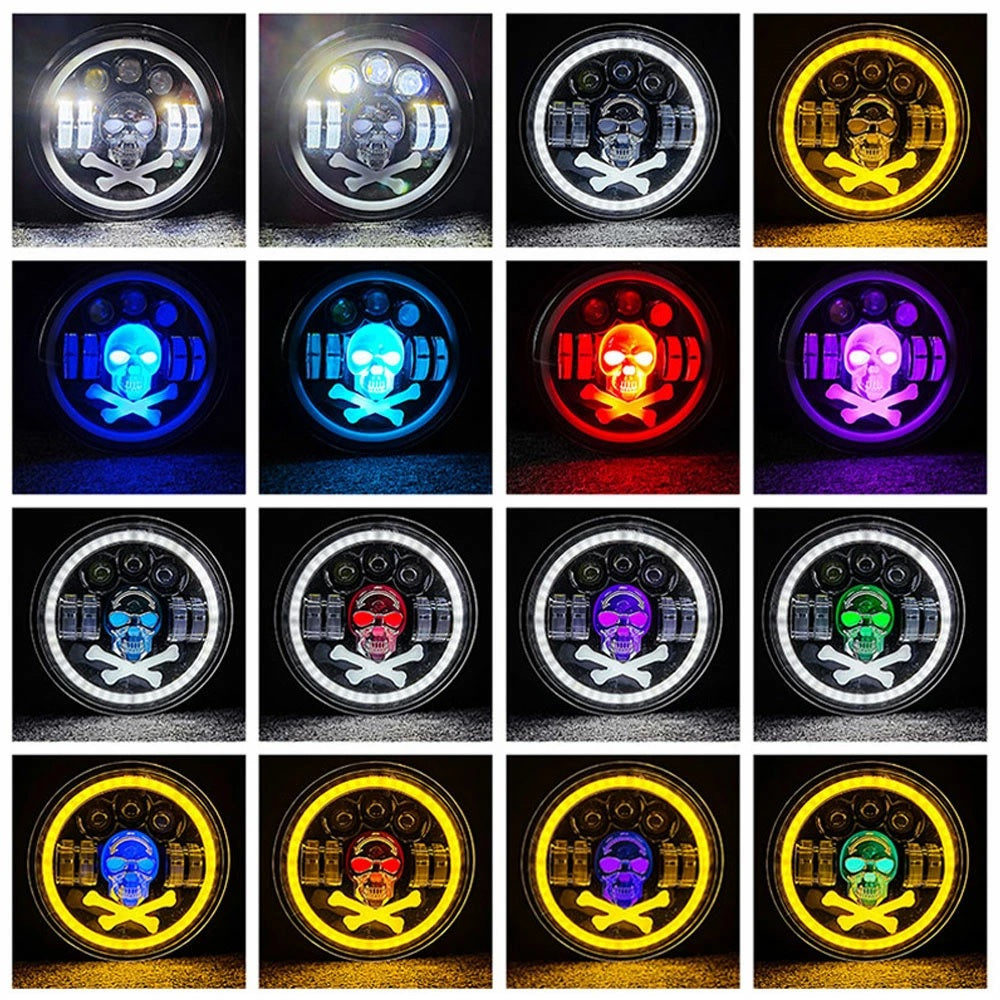 Универсален 7 инча 18см ЛЕД LED фар халоген 12V-24V къси/дълги с DRL дневни светлини мигач бяло-жълто и череп с RGB подсветка с 6 различни цвята за АТВ джип мотоциклет камион трактор и др.