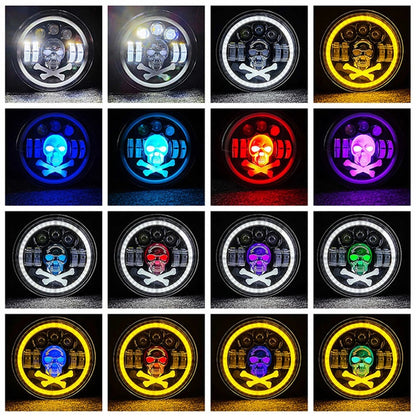 Универсален 7 инча 18см ЛЕД LED фар халоген 12V-24V къси/дълги с DRL дневни светлини мигач бяло-жълто и череп с RGB подсветка с 6 различни цвята за АТВ джип мотоциклет камион трактор и др.
