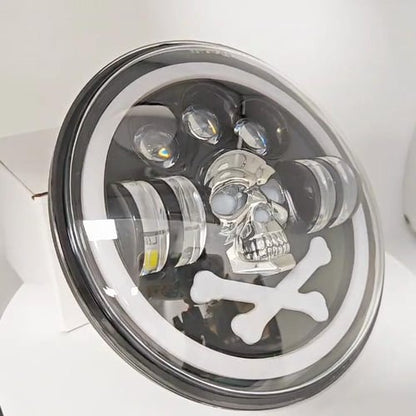 Универсален 7 инча 18см ЛЕД LED фар халоген 12V-24V къси/дълги с DRL дневни светлини мигач бяло-жълто и череп с RGB подсветка с 6 различни цвята за АТВ джип мотоциклет камион трактор и др.