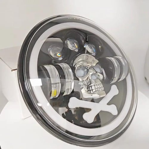 Универсален 7 инча 18см ЛЕД LED фар халоген 12V-24V къси/дълги с DRL дневни светлини мигач бяло-жълто и череп с RGB подсветка с 6 различни цвята за АТВ джип мотоциклет камион трактор и др.