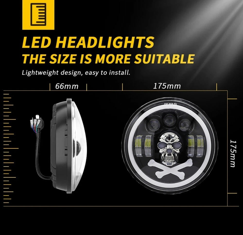 Комплект от 2бр. универсален 7 инча 18см ЛЕД LED фар халоген 12V-24V къси/дълги с DRL дневни светлини мигач бяло-жълто и череп с RGB подсветка с 6 различни цвята за АТВ джип мотоциклет камион трактор и др.