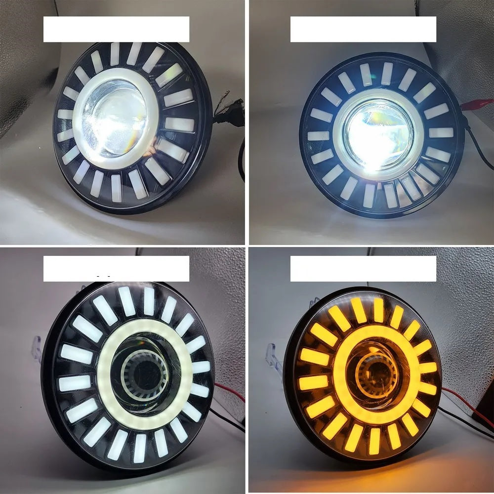 Универсален 7 инча 18см ЛЕД LED фар лампа халоген 12V-24V къси/дълги с DRL дневни светлини мигач бяло-жълто за АТВ джип мотоциклет камион трактор и др.