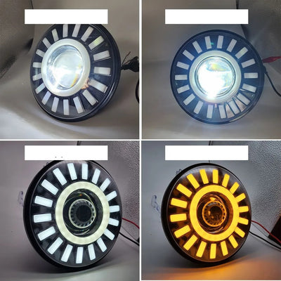 Универсален 7 инча 18см ЛЕД LED фар лампа халоген 12V-24V къси/дълги с DRL дневни светлини мигач бяло-жълто за АТВ джип мотоциклет камион трактор и др.