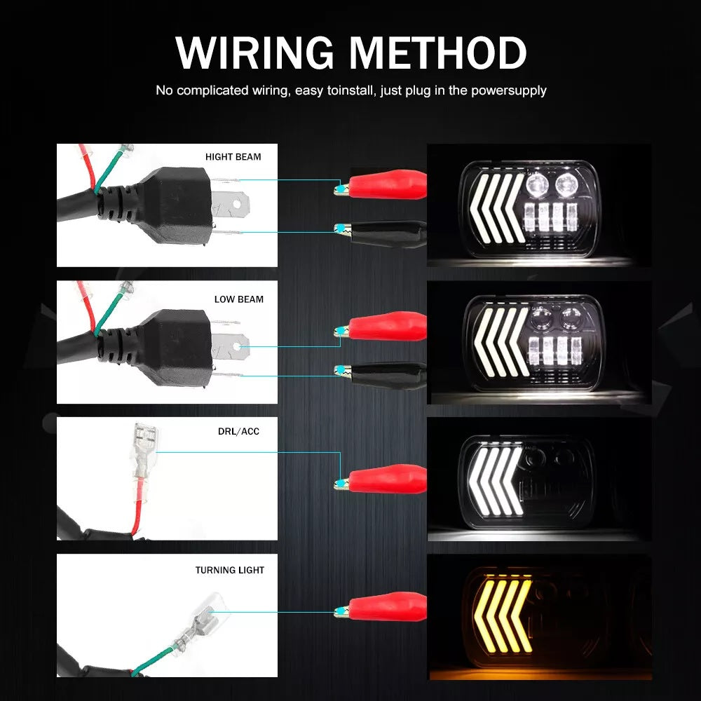 Комплект ляв и десен универсалeн 5x7 инча ЛЕД LED фар лампа халоген 12V-24V къси/дълги с DRL дневни светлини мигач бяло-жълто 8250lm за АТВ джип камион трактор и др.