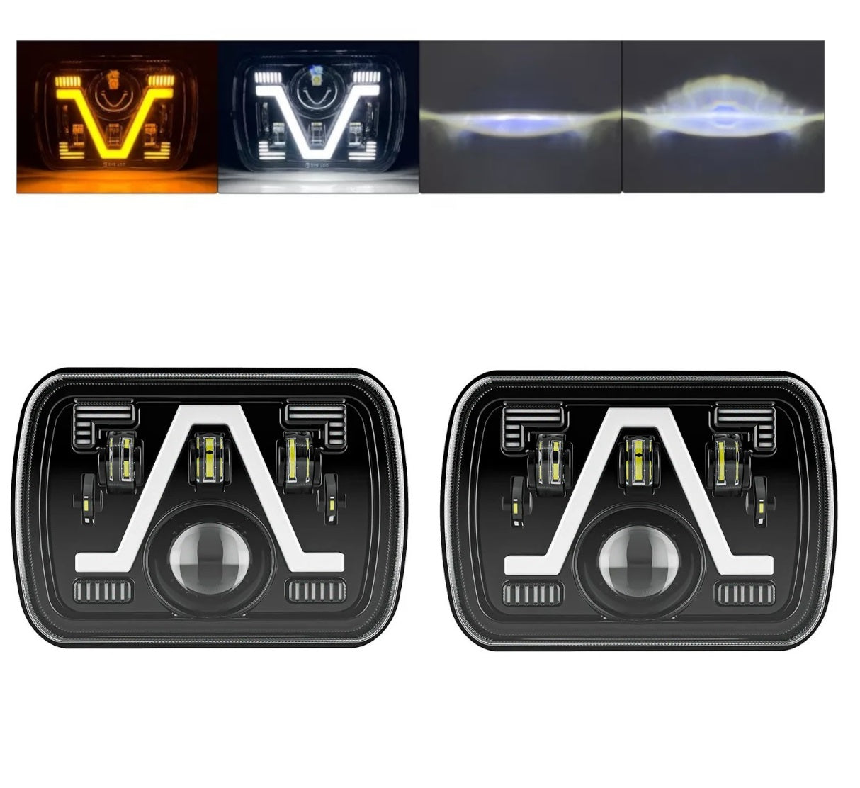 Комплект от 2бр. универсалeн 5x7 инча ЛЕД LED фар лампа халоген 12V-24V къси/дълги с DRL дневни светлини мигач бяло-жълто 9600lm за АТВ джип камион трактор и др.
