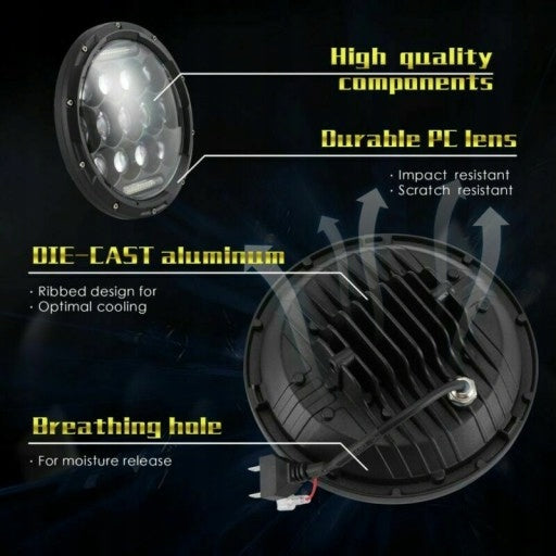 Универсален 7 инча 18см ЛЕД LED фар лампа халоген 12V-24V къси/дълги с DRL дневни светлини бяло 4000lm за АТВ джип мотоциклет камион трактор и др.