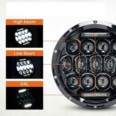 Комплект от 2бр. универсален 7 инча 18см ЛЕД LED фар лампа халоген 12V-24V къси/дълги с DRL дневни светлини бяло 8000lm за АТВ джип мотоциклет камион трактор и др.