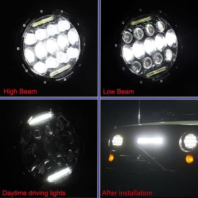 Комплект от 2бр. универсален 7 инча 18см ЛЕД LED фар лампа халоген 12V-24V къси/дълги с DRL дневни светлини бяло 8000lm за АТВ джип мотоциклет камион трактор и др.