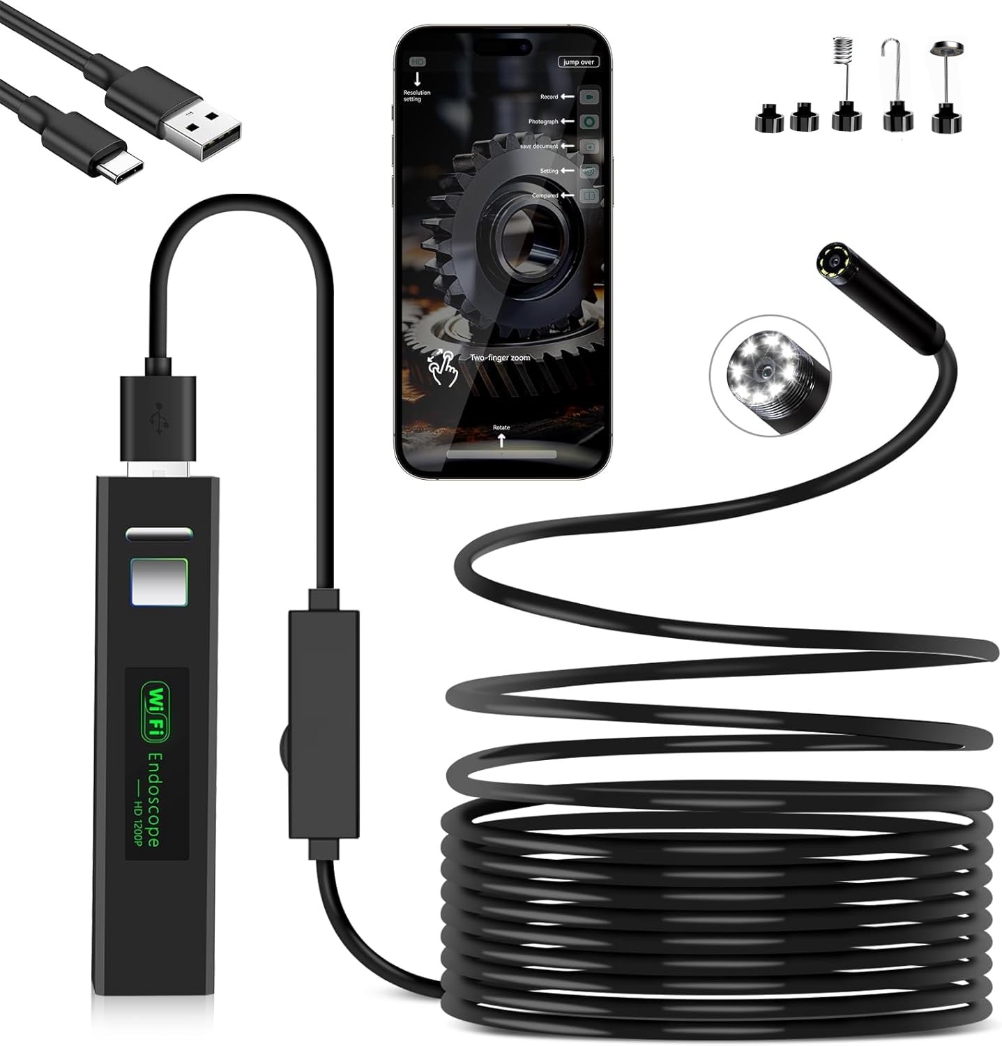 HD WIFI Безжичен ендоскоп камера за телефон съвместим с iOS и Android 720p 5м кабел