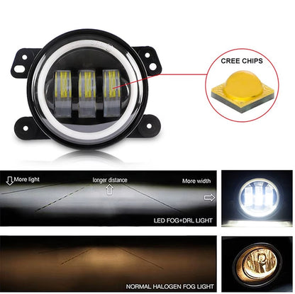 Комплект от 2 броя 4 инча 9.8cм ЛЕД LED фар лампа халоген 12V-24V с DRL дневни светлини мигач бяло-жълто за Jeep Dodge Chrysler Peugeot Ford CITROËN Opel Dacia Jaguar PORSCHE Suzuki Nissan RENAULT