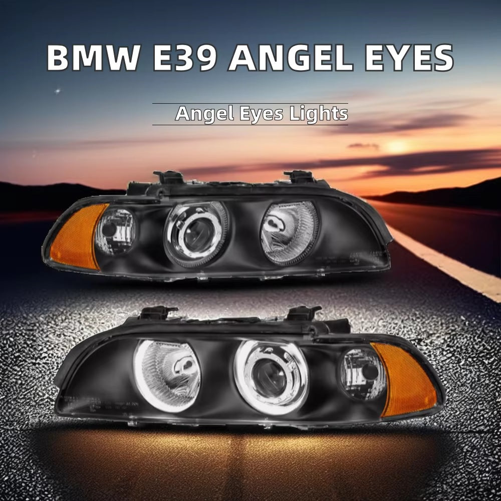 Комплект фарове с Angel Eyes за BMW 5-та серия E39 1997–2003г. черни с крушки