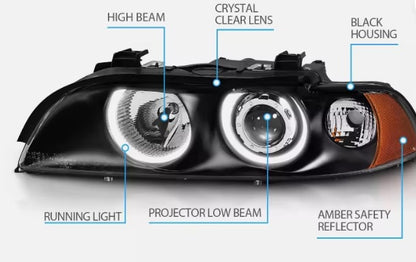 Комплект фарове с Angel Eyes за BMW 5-та серия E39 1997–2003г. черни с крушки