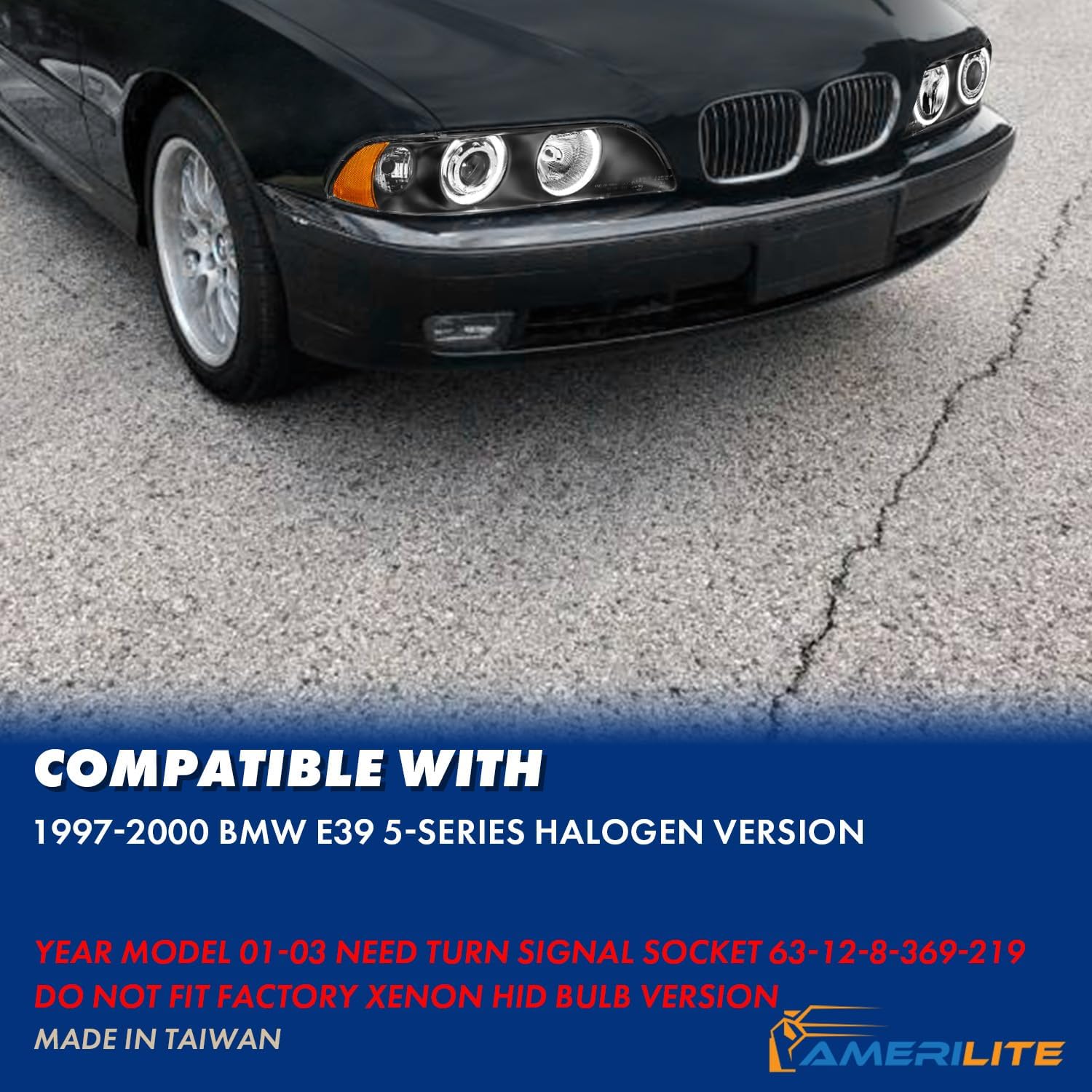 Комплект фарове с Angel Eyes за BMW 5-та серия E39 1997–2003г. черни с крушки